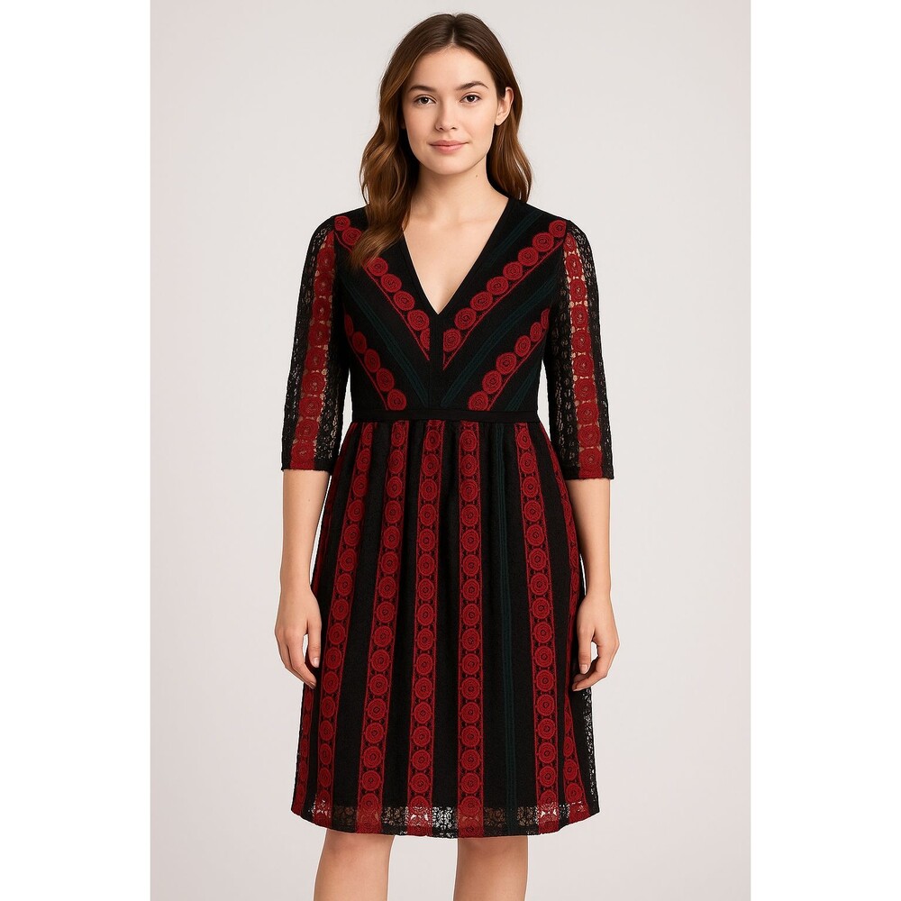 Xhilaration Womens Sz S Goth Lace Dress Fit & Flare Black Red Grunge 1/2 Sleeve